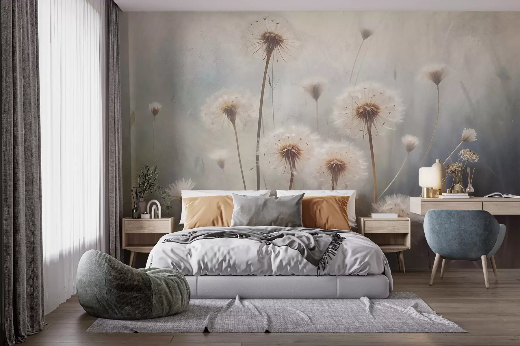 wall murals Цвеће маслачка меког фокуса у пољу, са замућеном текстурираном позадином пастелних боја w08432