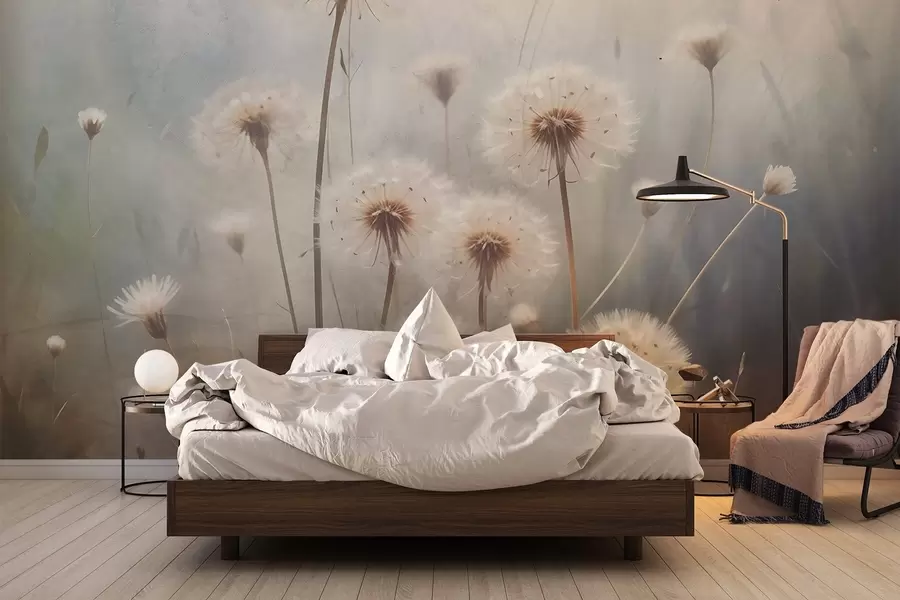 wall murals Цвеће маслачка меког фокуса у пољу, са замућеном текстурираном позадином пастелних боја w08432