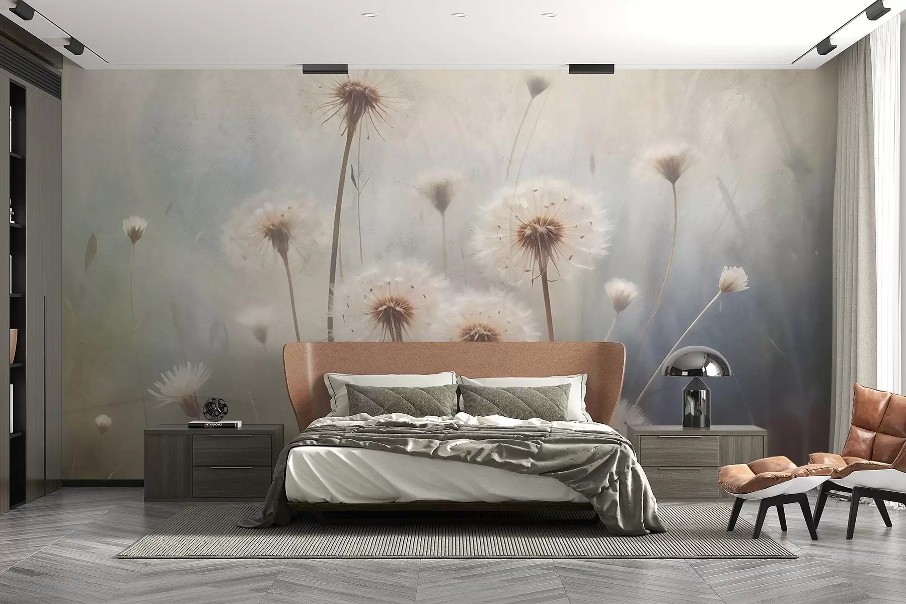 wall murals Цвеће маслачка меког фокуса у пољу, са замућеном текстурираном позадином пастелних боја w08432