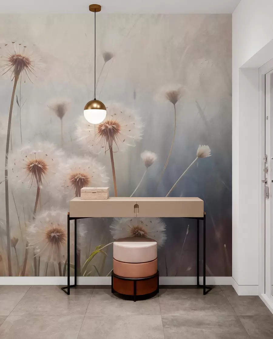 wall murals Цвеће маслачка меког фокуса у пољу, са замућеном текстурираном позадином пастелних боја w08432