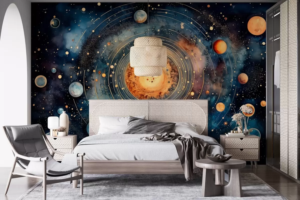 wall murals Космичка уметност, стил акварела, сунце, пламети, звезде, дубоки свемир w02268
