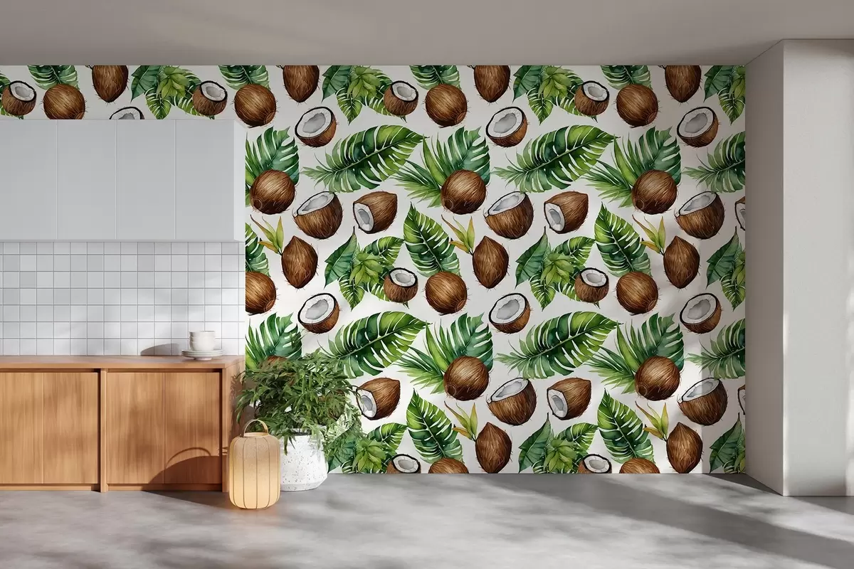 wall murals тропски узорак са кокосом и лишћем w02293