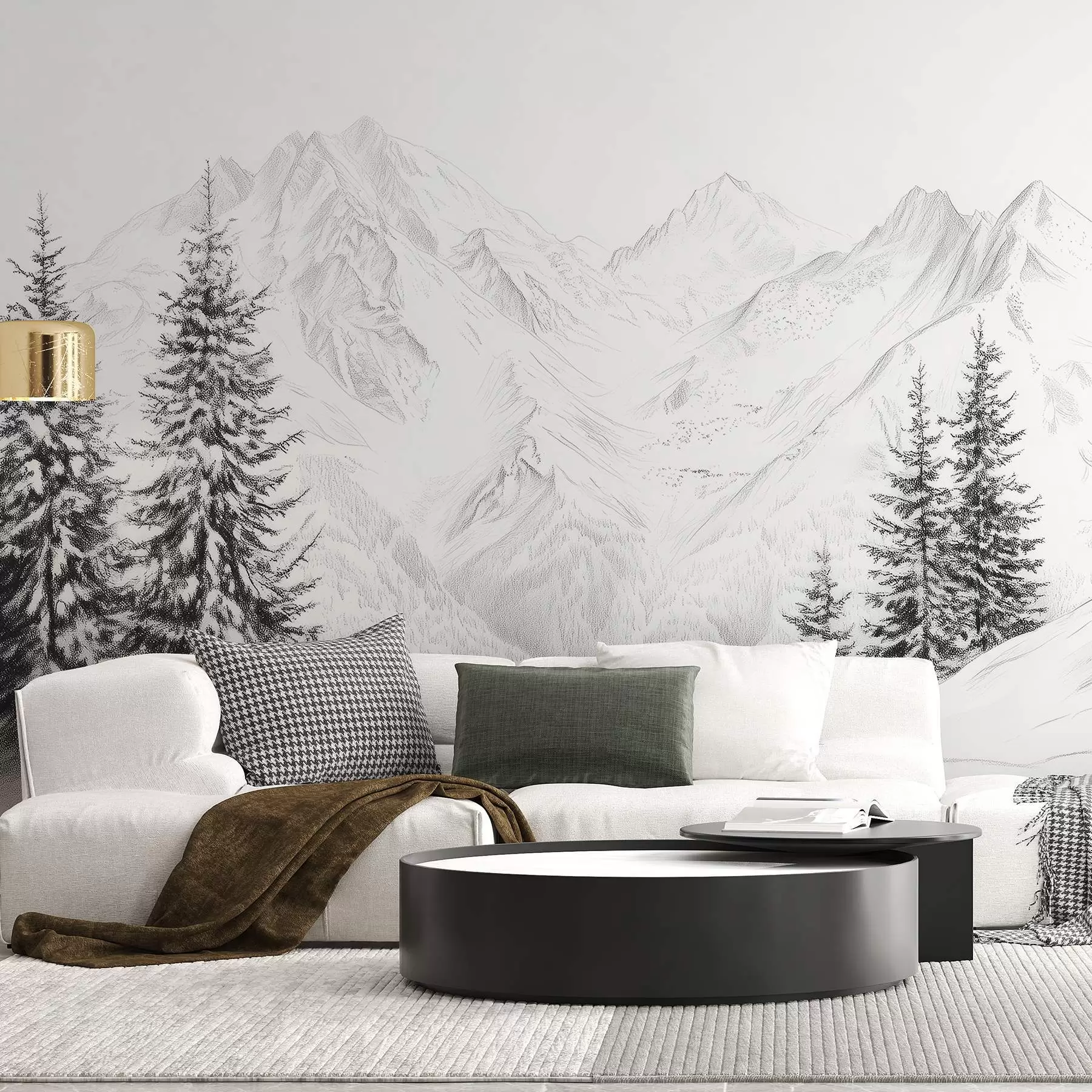 wall murals Снежне планине, цртеж у стилу оловке, минимализам, шума, природа w02351