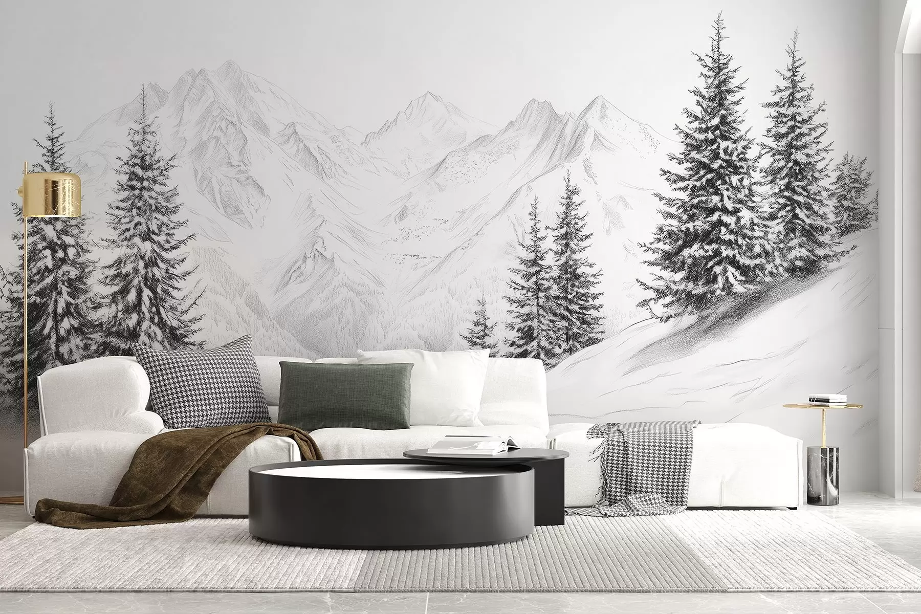 wall murals Снежне планине, цртеж у стилу оловке, минимализам, шума, природа w02351