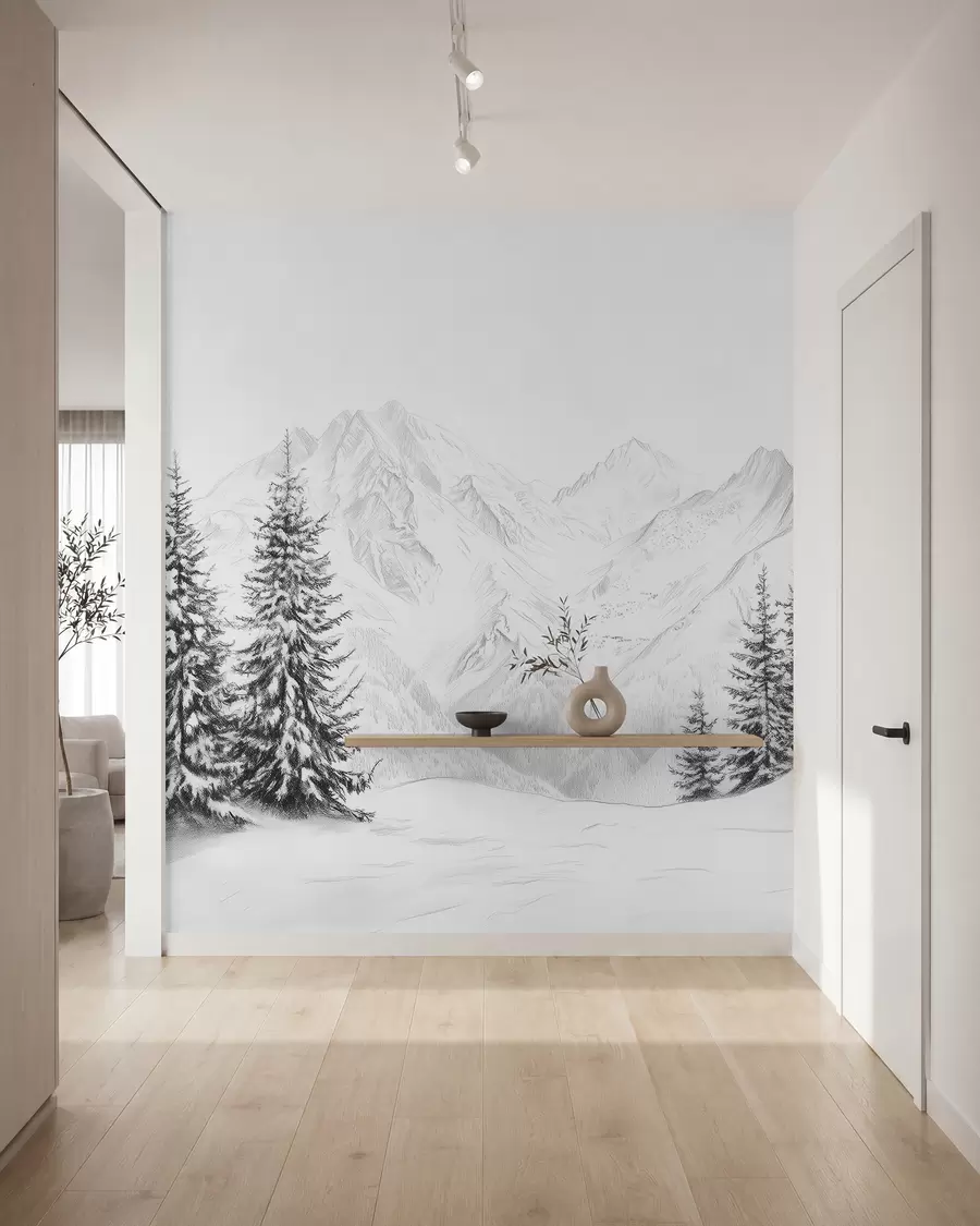 wall murals Снежне планине, цртеж у стилу оловке, минимализам, шума, природа w02351