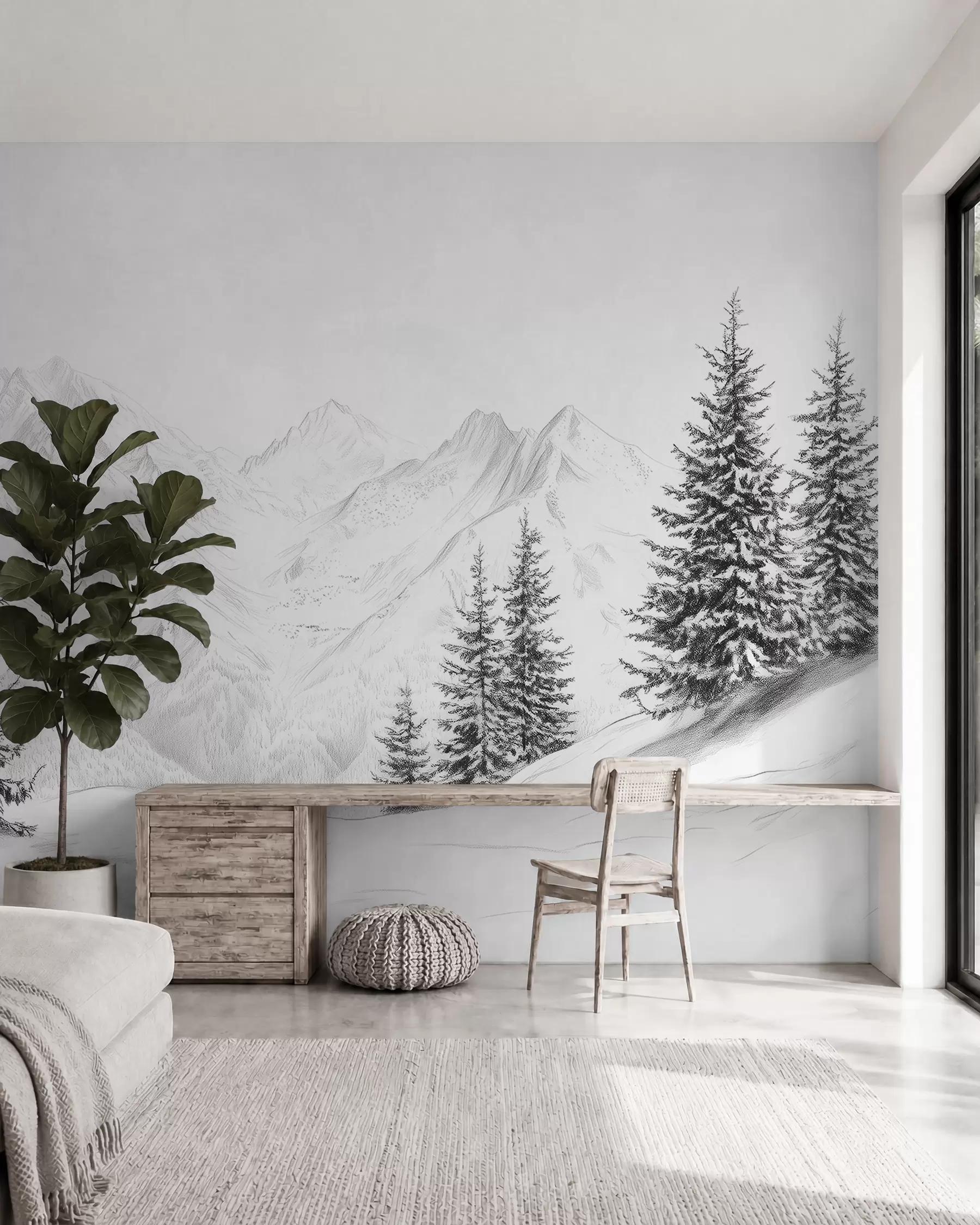wall murals Снежне планине, цртеж у стилу оловке, минимализам, шума, природа w02351