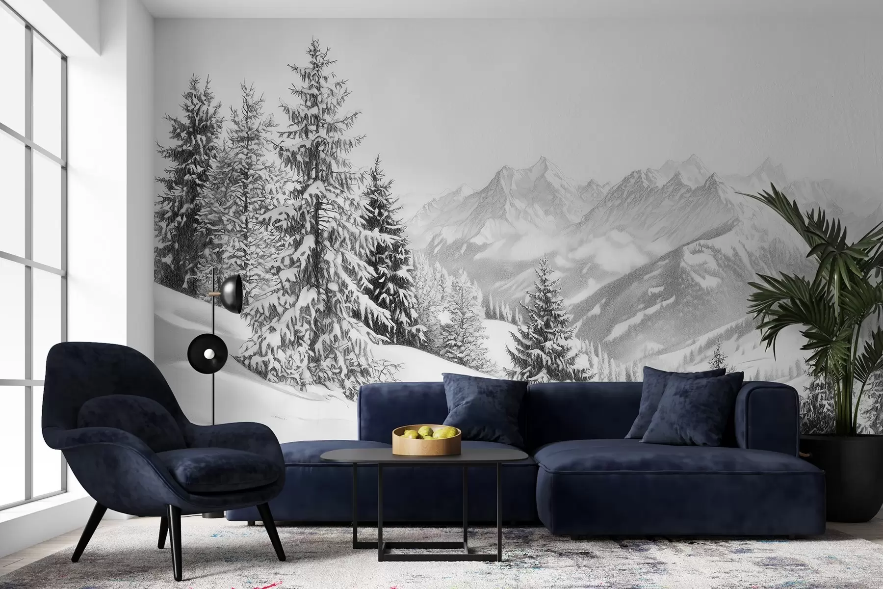 wall murals Зима у планинама, шума, Алпи, цртеж у стилу оловке, пејзажи природе w02353