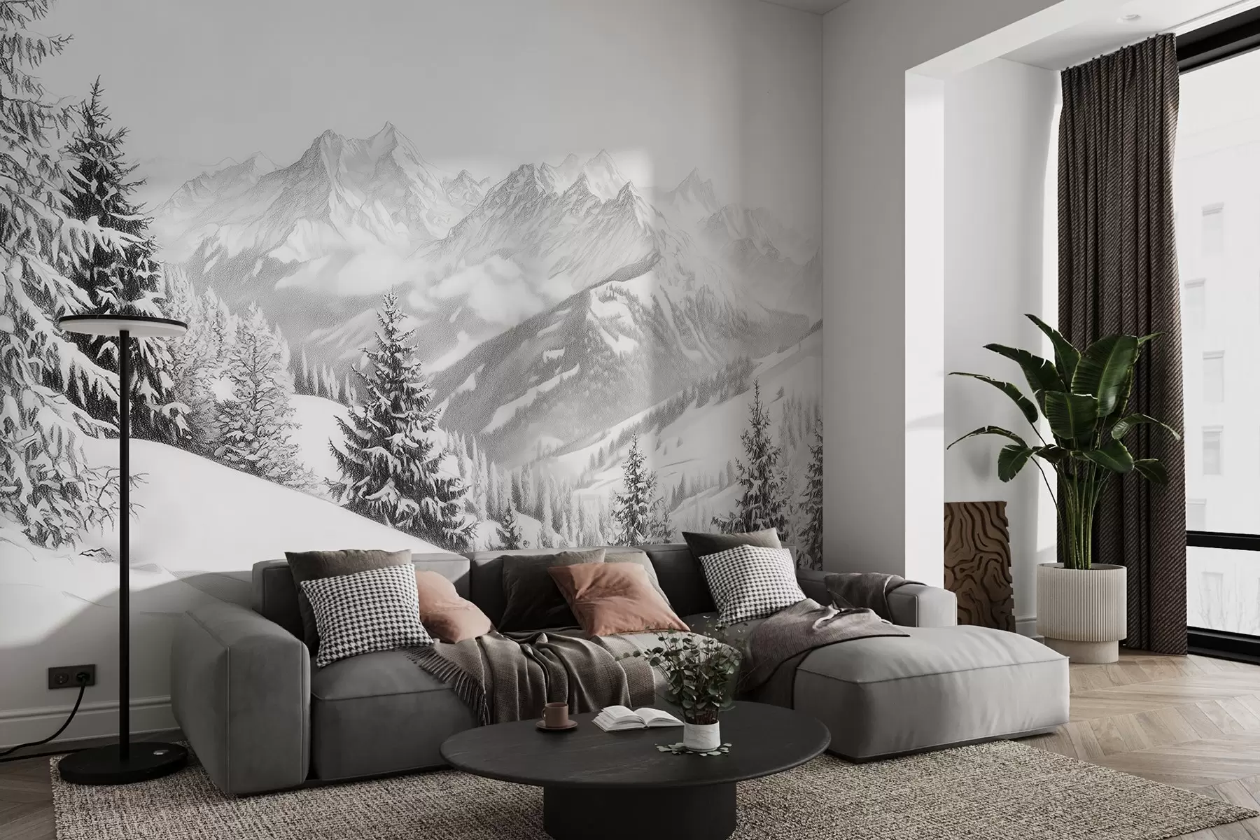 wall murals Зима у планинама, шума, Алпи, цртеж у стилу оловке, пејзажи природе w02353