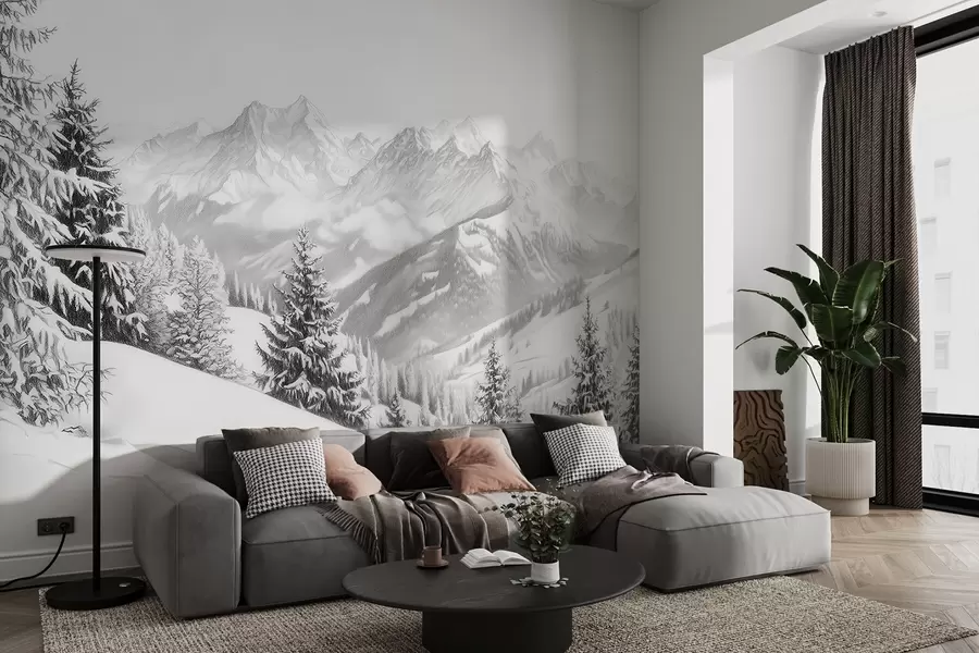 wall murals Зима у планинама, шума, Алпи, цртеж у стилу оловке, пејзажи природе w02353