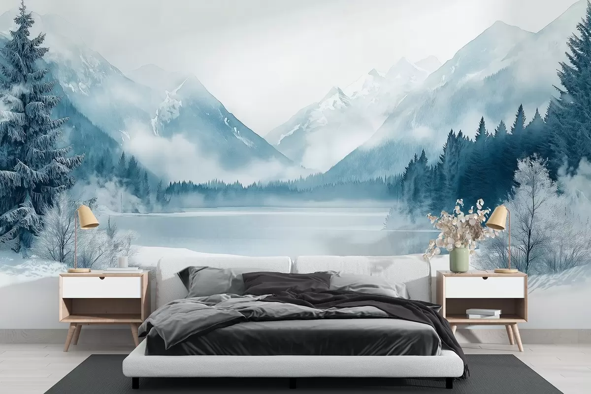 wall murals Зимске планине, залеђено језеро, борова шума, плава палета боја, акварел стил w02354