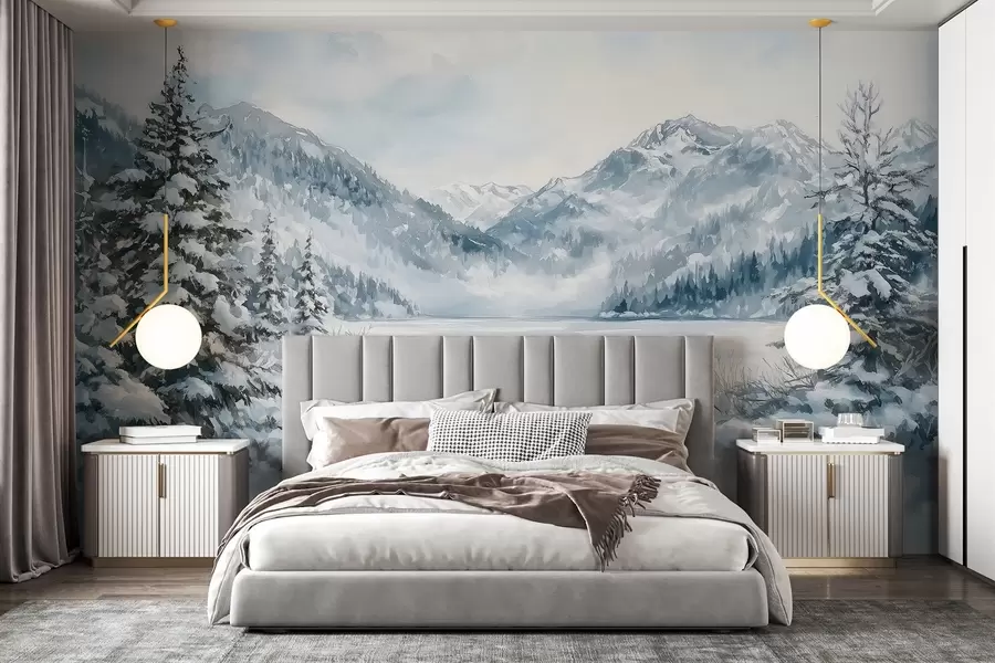 wall murals Снежне планине, акрил стил, зимска шума, природа w02355