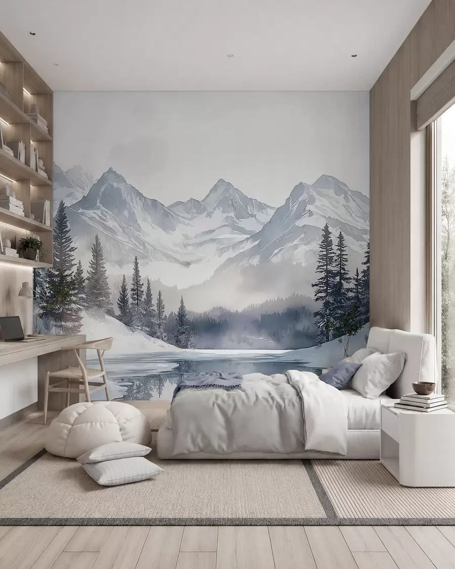 wall murals Планине са језером, зима, шума, небо заласка сунца, природа w02357