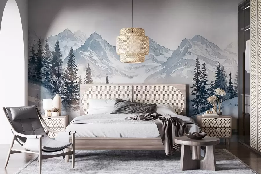 wall murals Планине са језером, зима, шума, небо заласка сунца, природа w02357