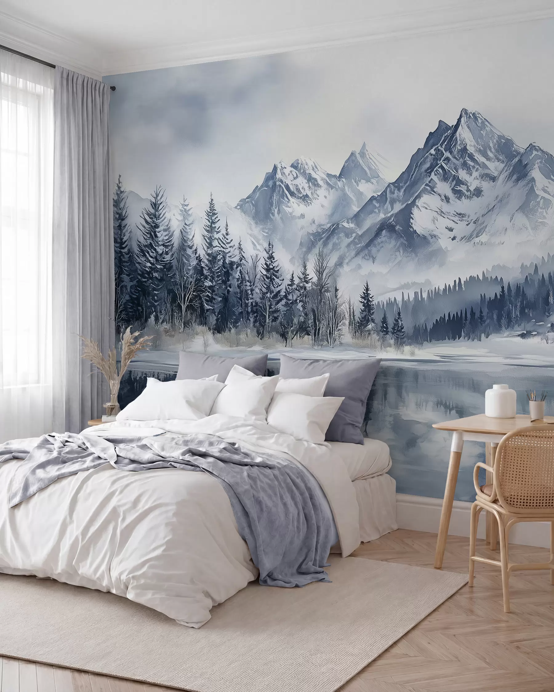 wall murals Алпи у снегу, зимска шума, залеђено језеро, плава палета боја  w02358