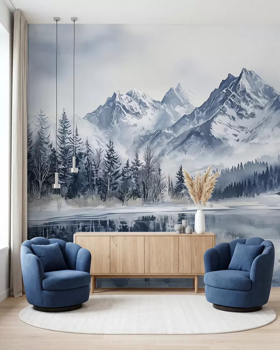 wall murals Алпи у снегу, зимска шума, залеђено језеро, плава палета боја  w02358