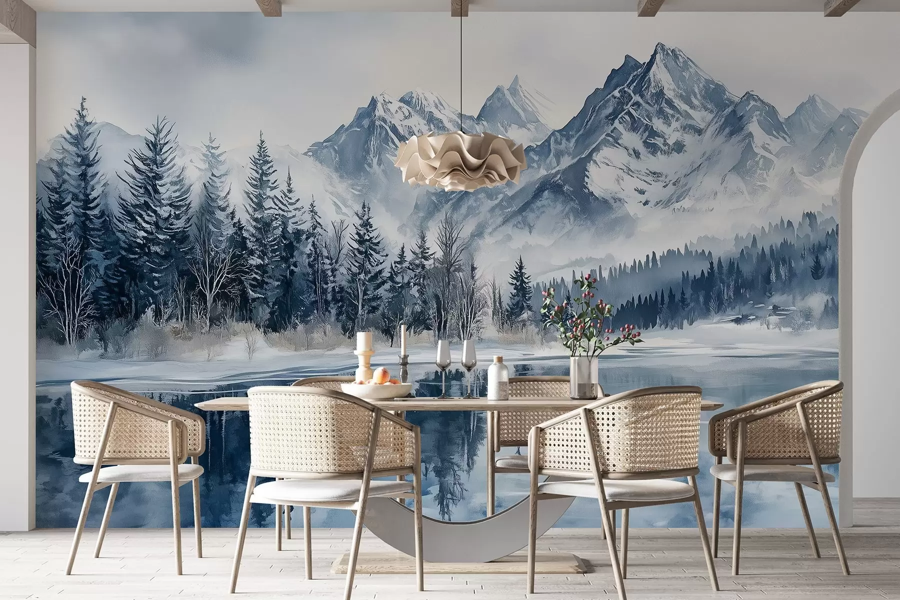 wall murals Алпи у снегу, зимска шума, залеђено језеро, плава палета боја  w02358