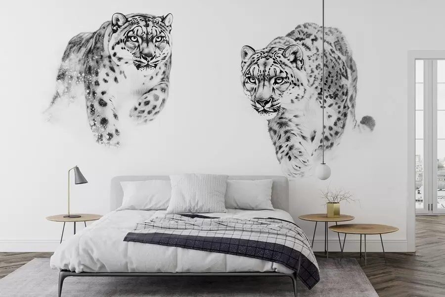 wall murals Снежни леопарди, зима, дивље животиње, цртеж у стилу оловке, минимализам w02359