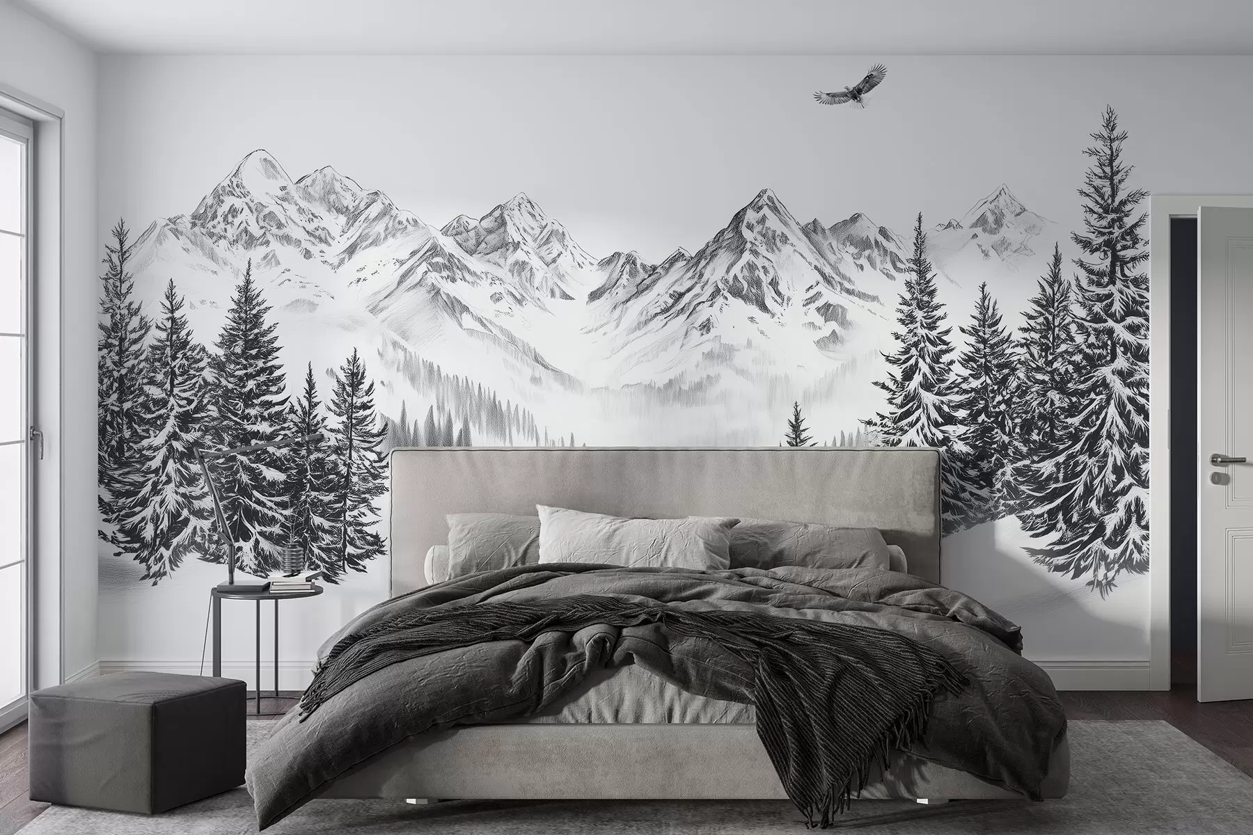 wall murals Зимске планине, снежни леопарди, борова шума, цртеж оловком, летећи орао w02360