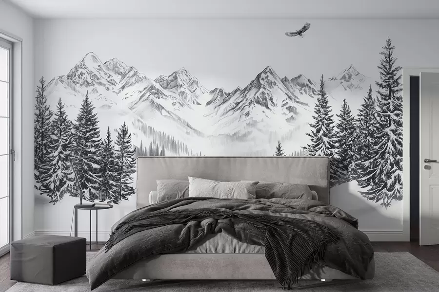wall murals Зимске планине, снежни леопарди, борова шума, цртеж оловком, летећи орао w02360