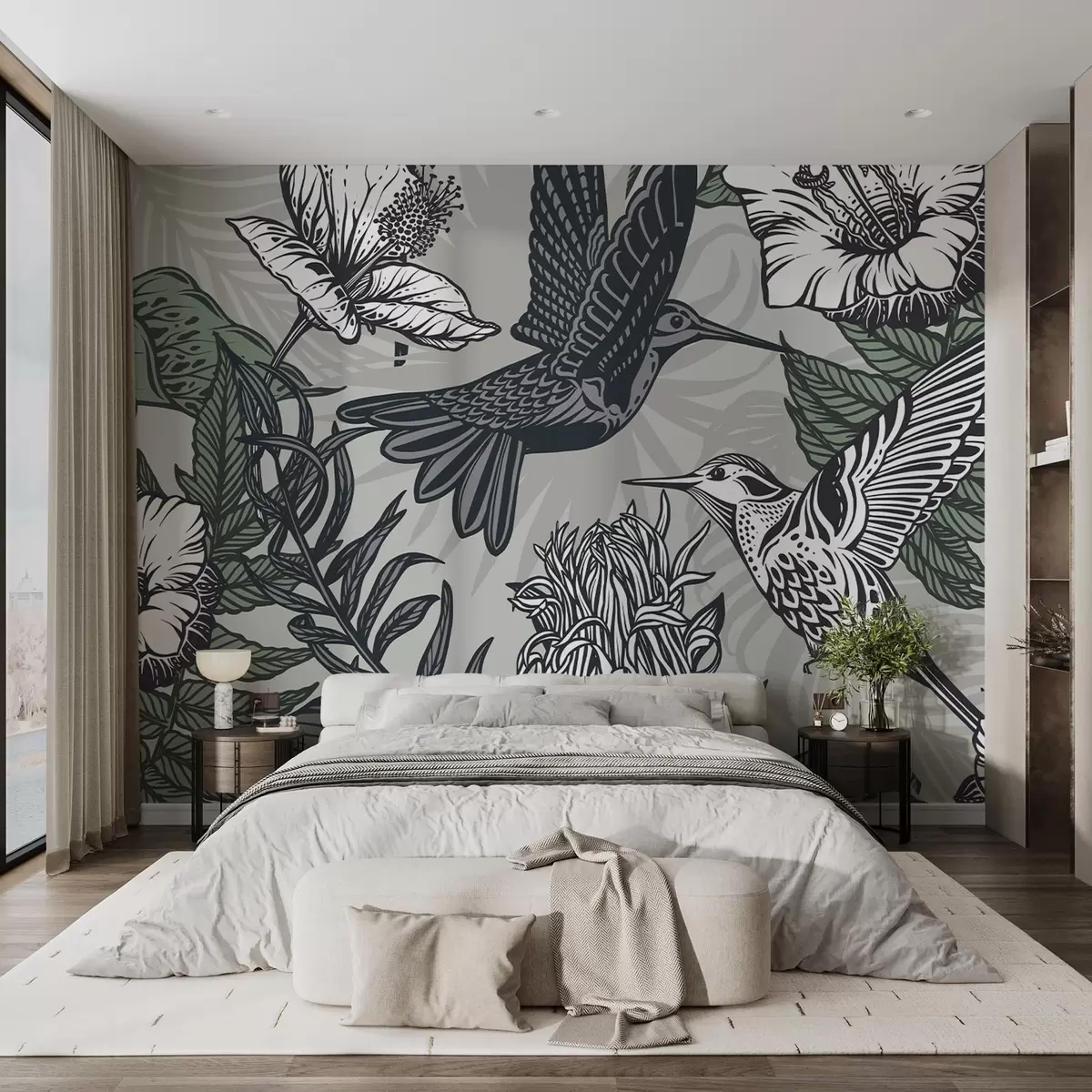 wall murals Колибри и цветајуће цвеће на сивој позадини w02362v1