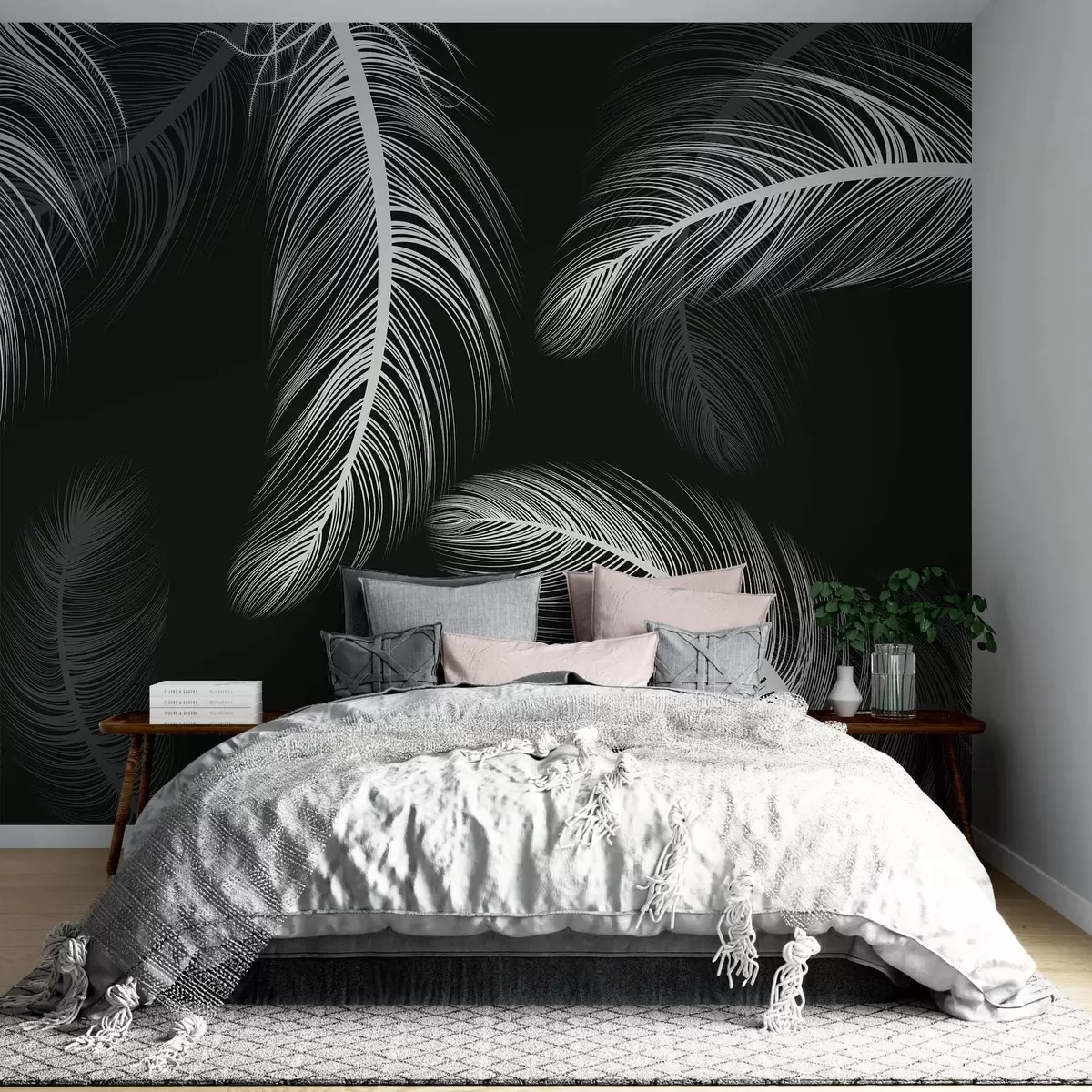 wall murals Бело перје на црној позадини w02369v4
