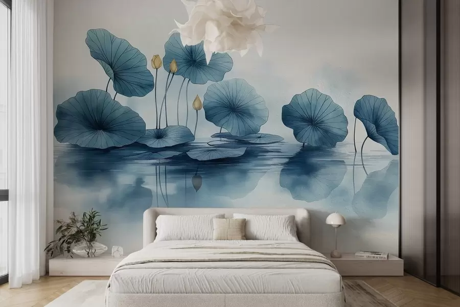wall murals Листови лотоса изнад воде на бетонском зиду w02011