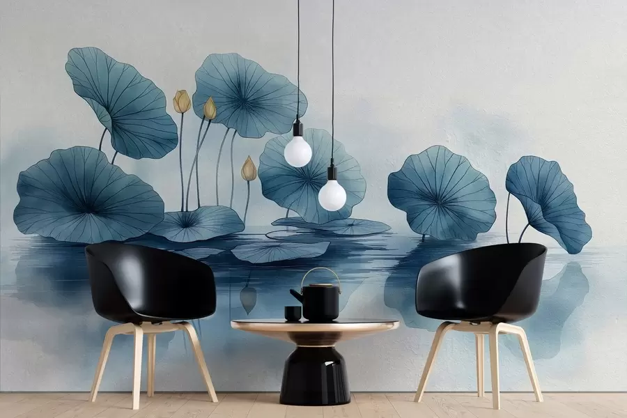 wall murals Листови лотоса изнад воде на бетонском зиду w02011