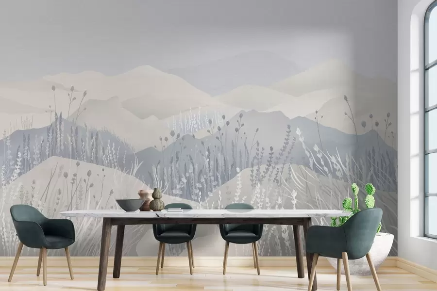 wall murals Магловите планине и пољске траве и цвеће у плавим тоновима w02317v1