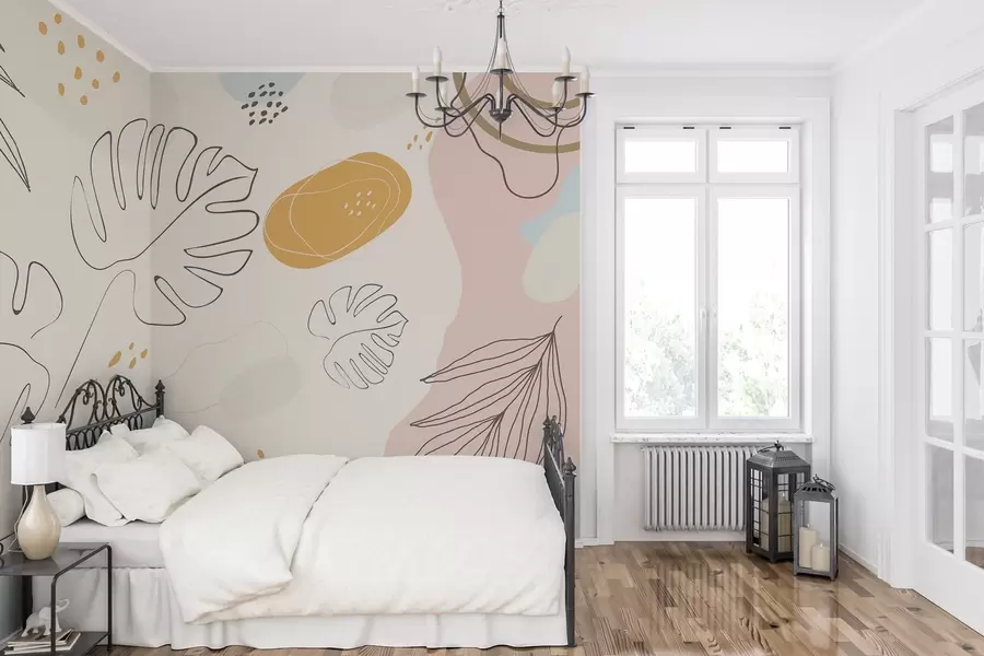 wall murals Бохо дизајн са листовима и фигурама у пастелним бојама w02322