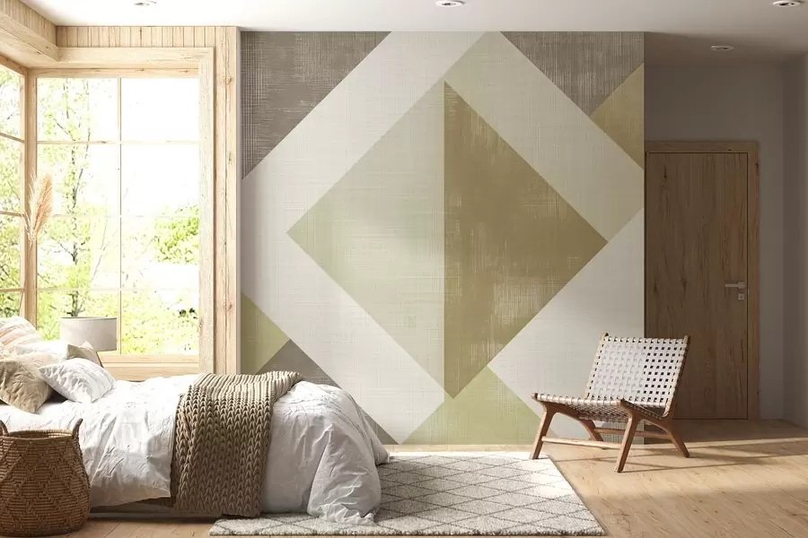 wall murals Модеран геометријски дизајн тапета са облицима који се преклапају у меким беж, маслинастим и тамноцрвеним тоновима. w02341