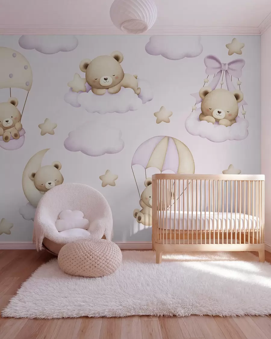 wall murals Медведи на падобранима и облаци на ружичастој позадини w02385v1