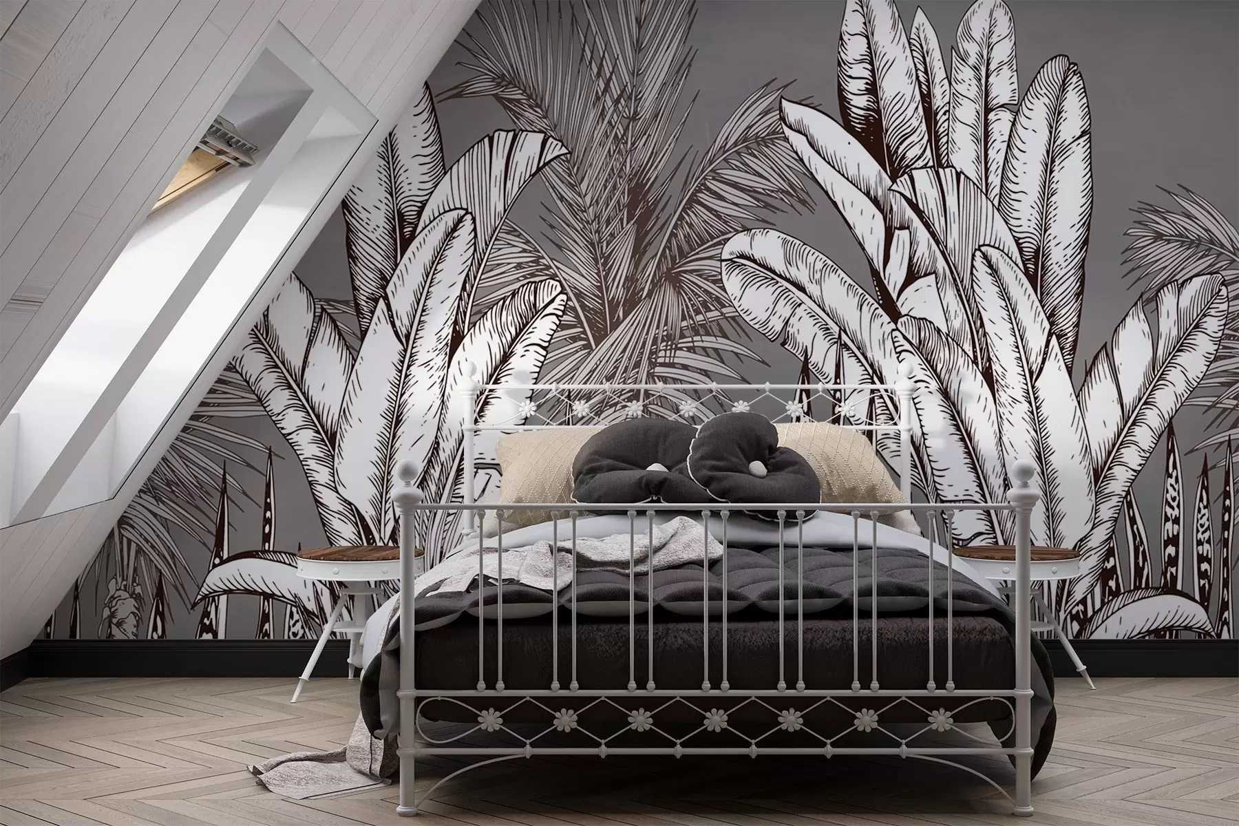 wall murals Узорак са тропским листовима на сивој позадини w02299