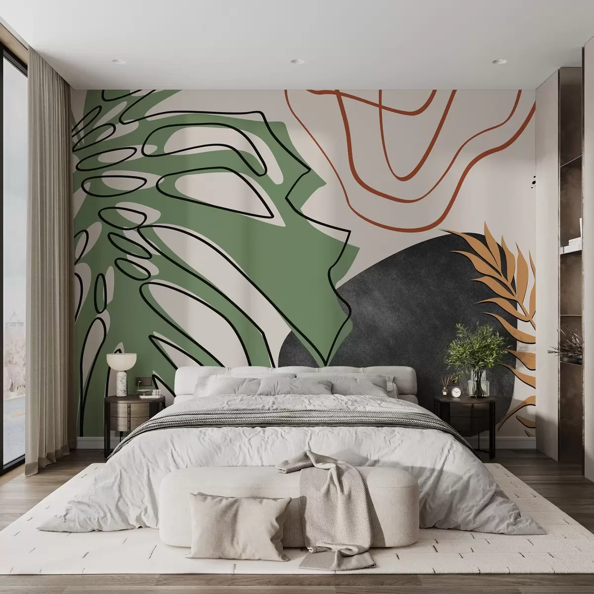 wall murals Лист тропског чудовишта, апстрактне тачке и пруге w02381