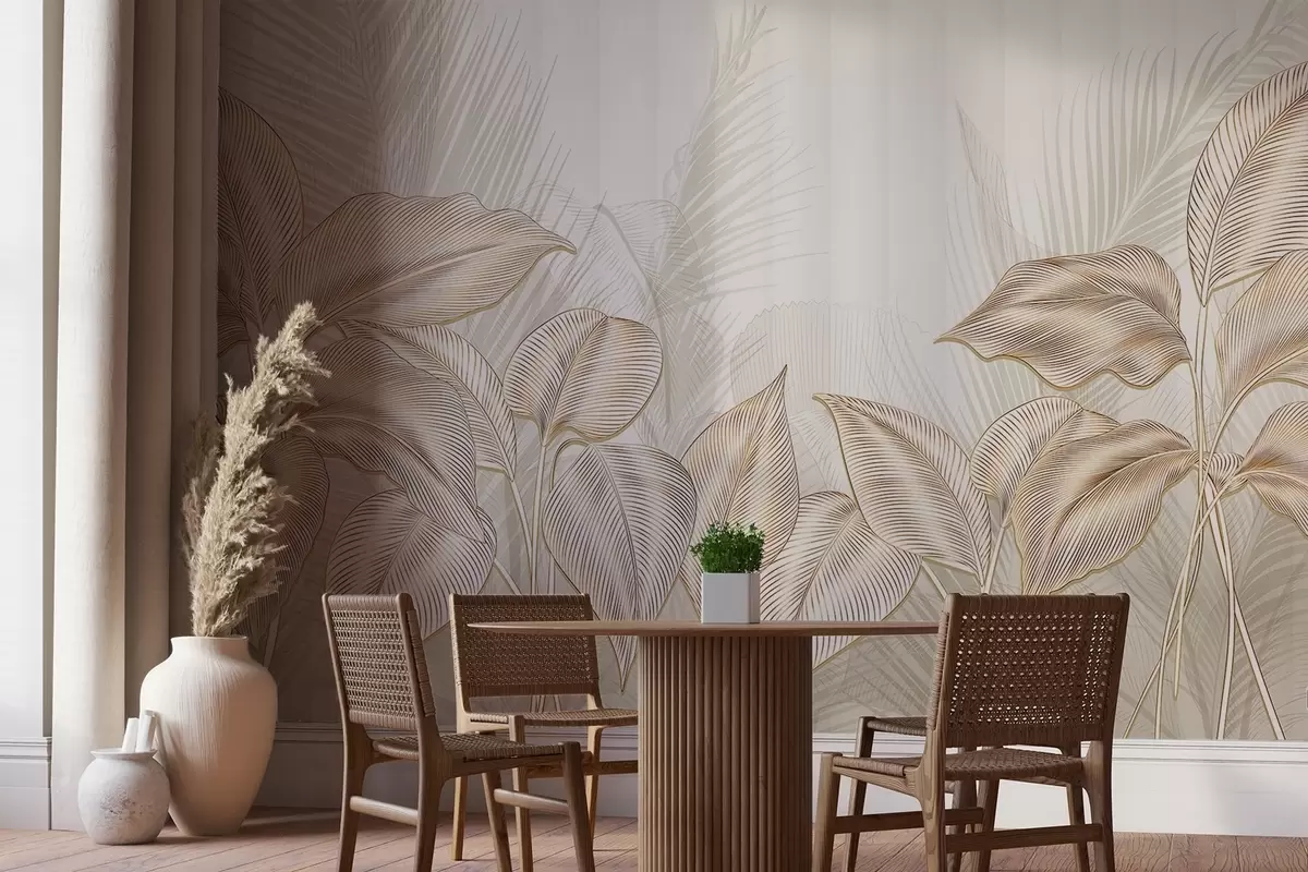 wall murals Елегантно бело и беж палмино лишће на светлој, текстурираној позадини w08434