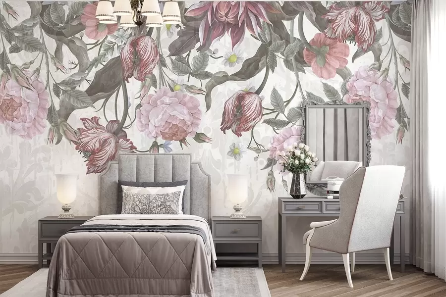 wall murals Бујни цветни аранжман са великим ружичастим и белим цветовима, са зеленим листовима и стабљикама  w08435