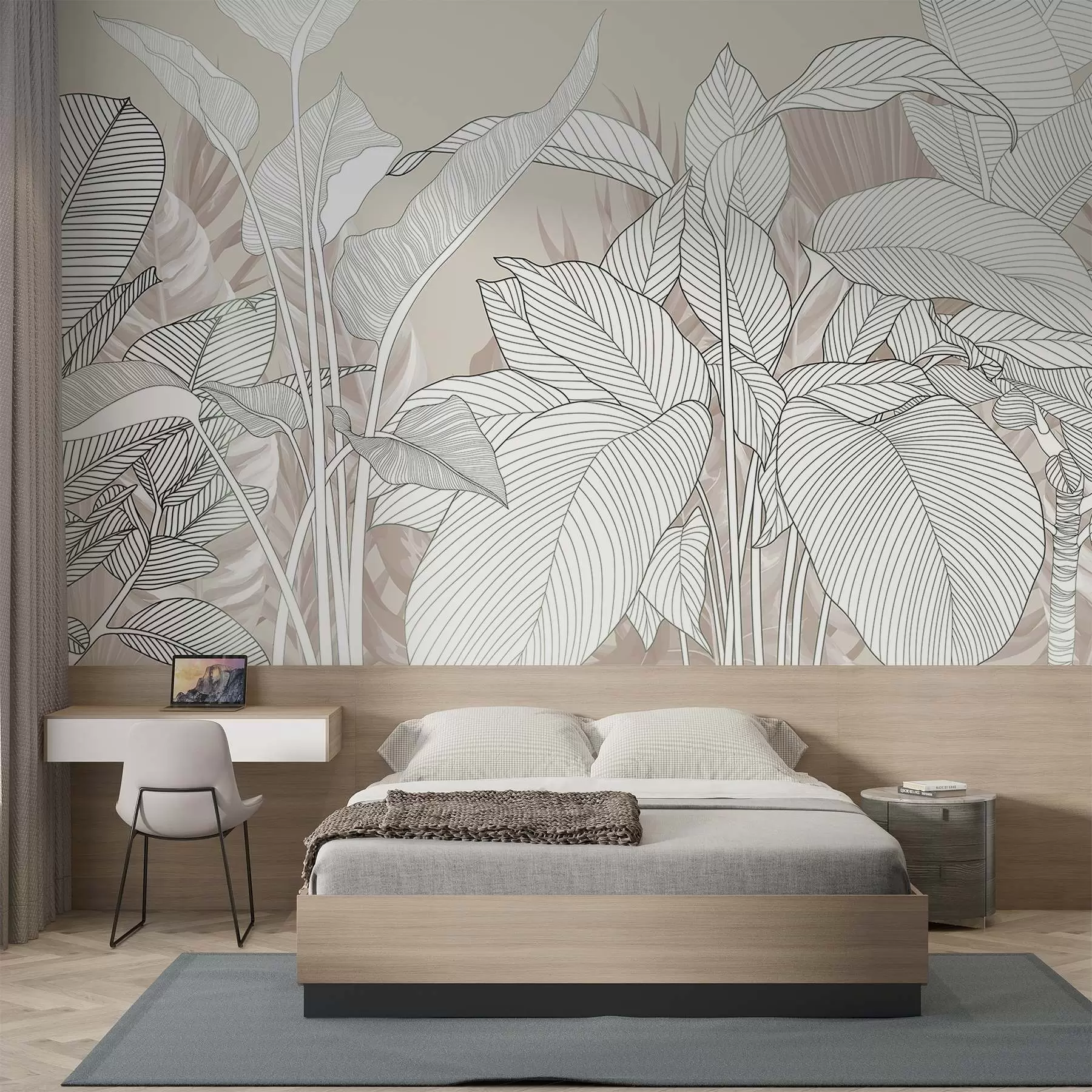 wall murals Једнобојна илустрација са великим, стилизованим листовима и лишћем са замршеним шарама и текстурама w08436v1