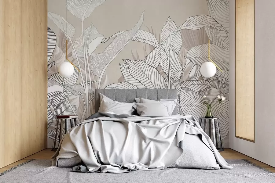 wall murals Једнобојна илустрација са великим, стилизованим листовима и лишћем са замршеним шарама и текстурама w08436v1