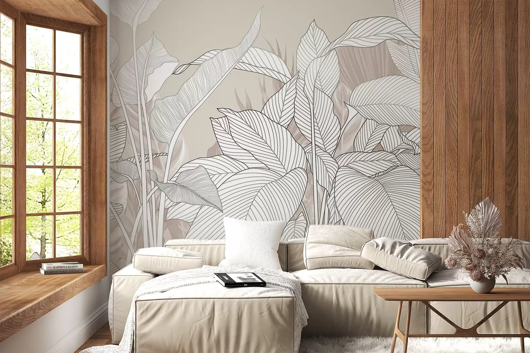 wall murals Једнобојна илустрација са великим, стилизованим листовима и лишћем са замршеним шарама и текстурама w08436v1