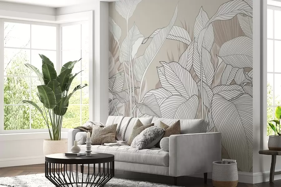 wall murals Једнобојна илустрација са великим, стилизованим листовима и лишћем са замршеним шарама и текстурама w08436v1