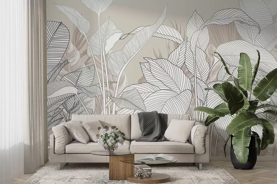 wall murals Једнобојна илустрација са великим, стилизованим листовима и лишћем са замршеним шарама и текстурама w08436v1