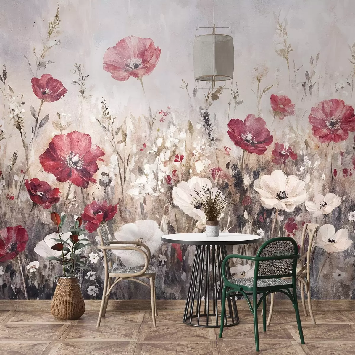 wall murals Поље живописног црвеног и белог цвећа на мекој, магловитој позадини у стилу уљаног сликарства w08438