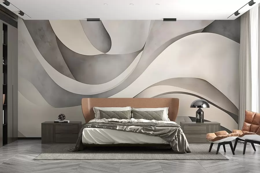 wall murals Бели, беж и сиви закривљени облици и форме стварају апстрактну текстуру модерног минималистичког отиска  w08439
