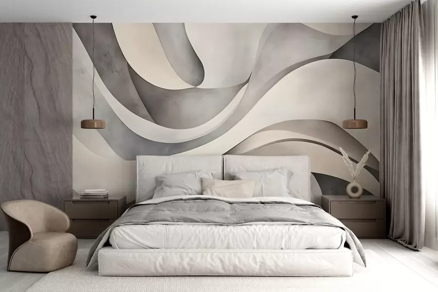 wall murals Бели, беж и сиви закривљени облици и форме стварају апстрактну текстуру модерног минималистичког отиска  w08439