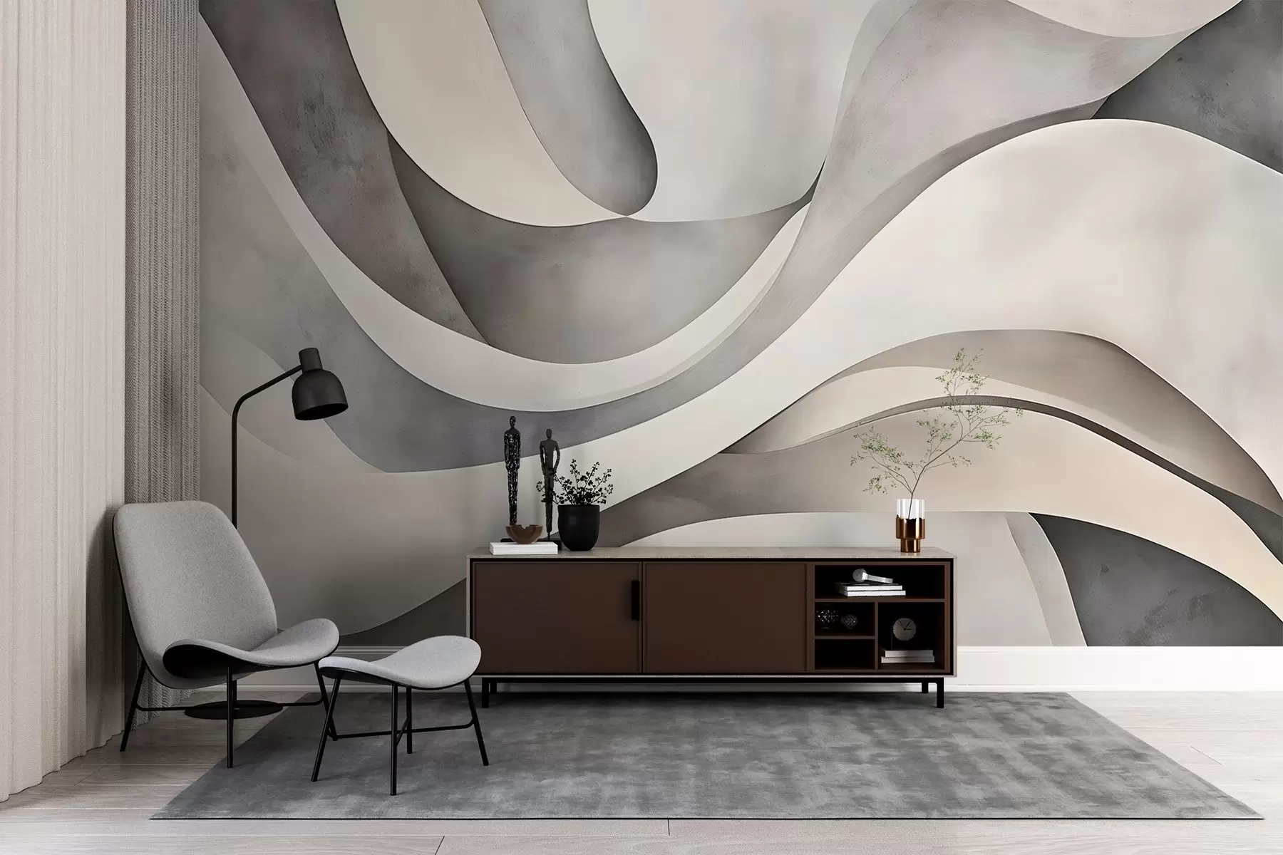 wall murals Бели, беж и сиви закривљени облици и форме стварају апстрактну текстуру модерног минималистичког отиска  w08439