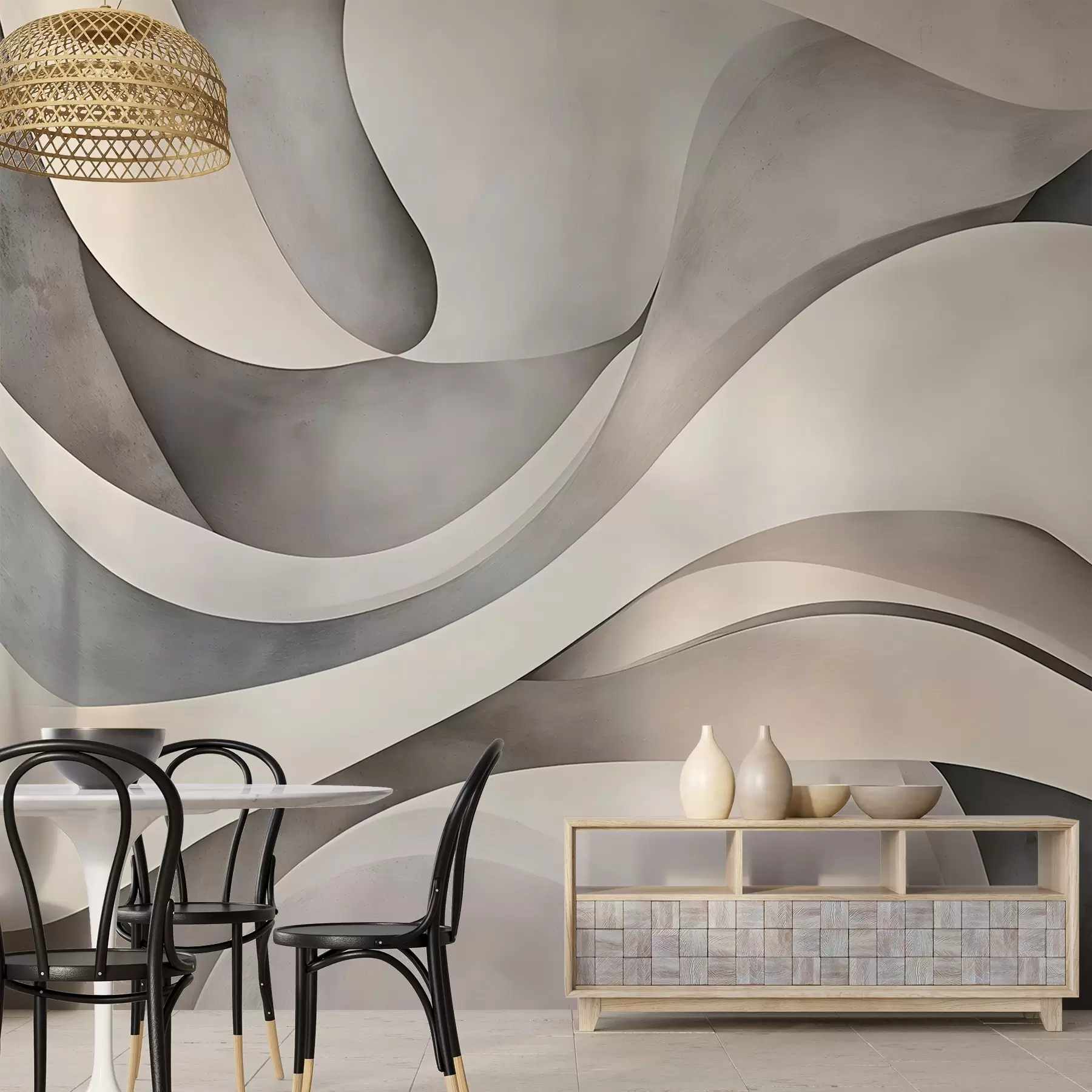 wall murals Бели, беж и сиви закривљени облици и форме стварају апстрактну текстуру модерног минималистичког отиска  w08439