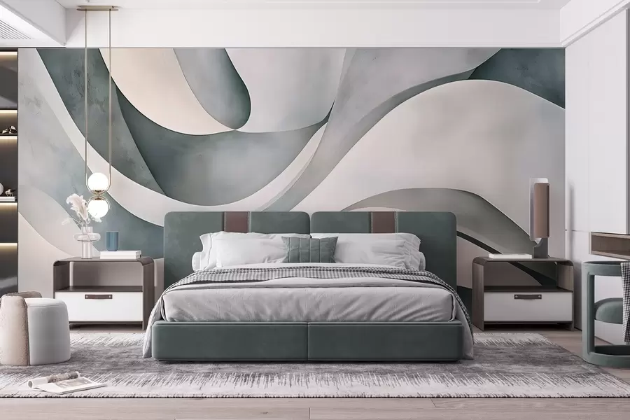 wall murals Бели, плави и сиви закривљени облици и форме стварају апстрактну текстуру модерног минималистичког отиска  w08439v1