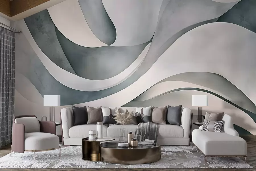 wall murals Бели, плави и сиви закривљени облици и форме стварају апстрактну текстуру модерног минималистичког отиска  w08439v1