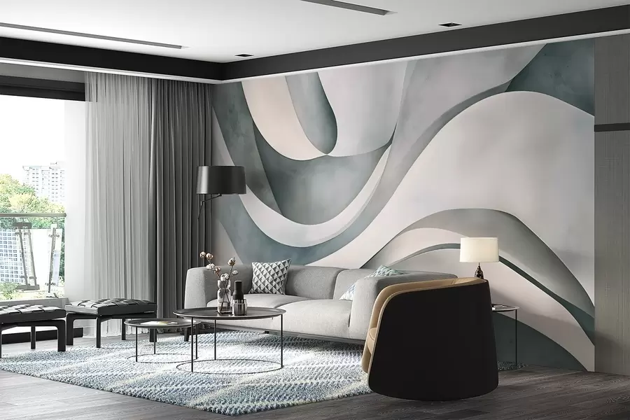 wall murals Бели, плави и сиви закривљени облици и форме стварају апстрактну текстуру модерног минималистичког отиска  w08439v1