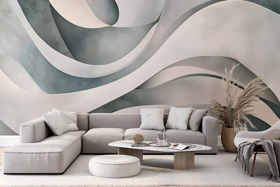 wall murals Бели, плави и сиви закривљени облици и форме стварају апстрактну текстуру модерног минималистичког отиска  w08439v1
