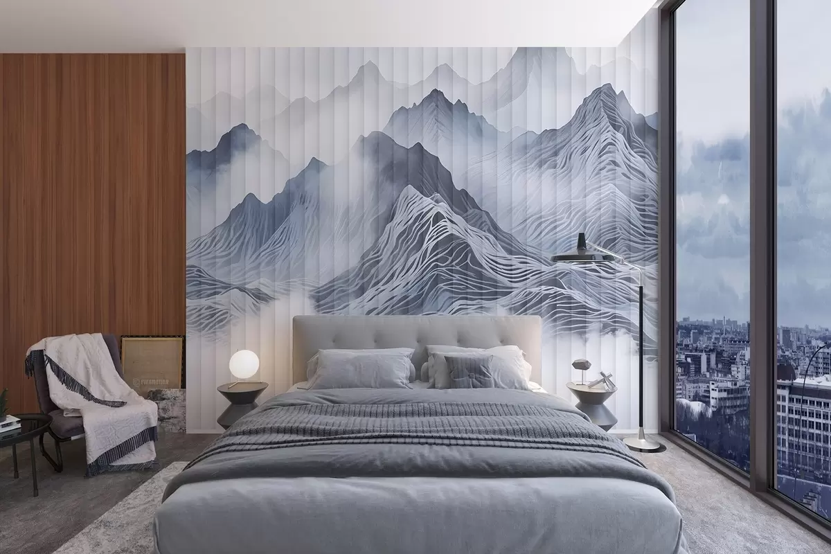 wall murals Магловити апстрактни планински пејзаж са валовитим брдима и врховима у нијансама сиве и беле w08440